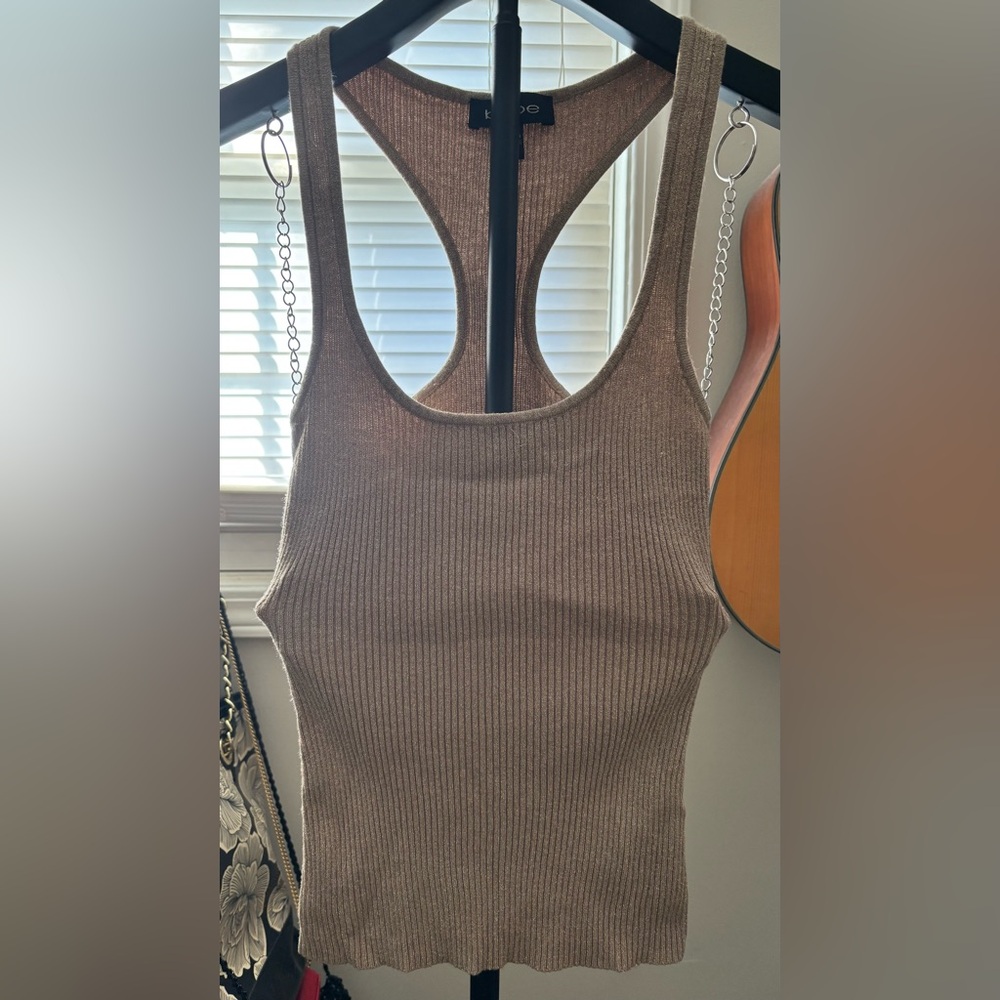 Bebe Tan Ribbed Tank Top ribbed gold metallic sz Large - Picture 1 of 7
